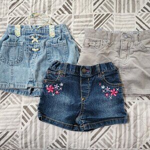 Various brands, 2 skorts and a shorts for girls.  Size 24 MO.